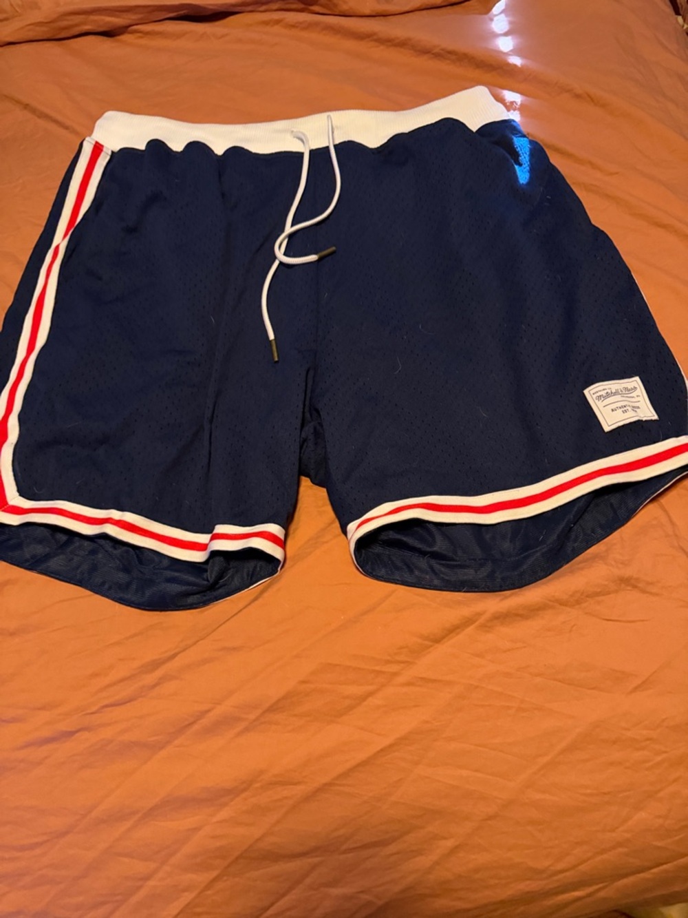 Mitchell & Ness Navy Athletic Mesh Shorts with Red & White Trim